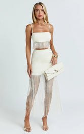 Ivory Two-Piece Fringed Micro Top and Tiered Mini Skirt Set